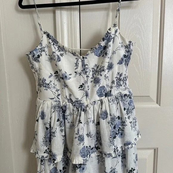 House of Harlow 1960 Floral Maxi Dress Tiered Ruffle Lace Up Back White  Blue S